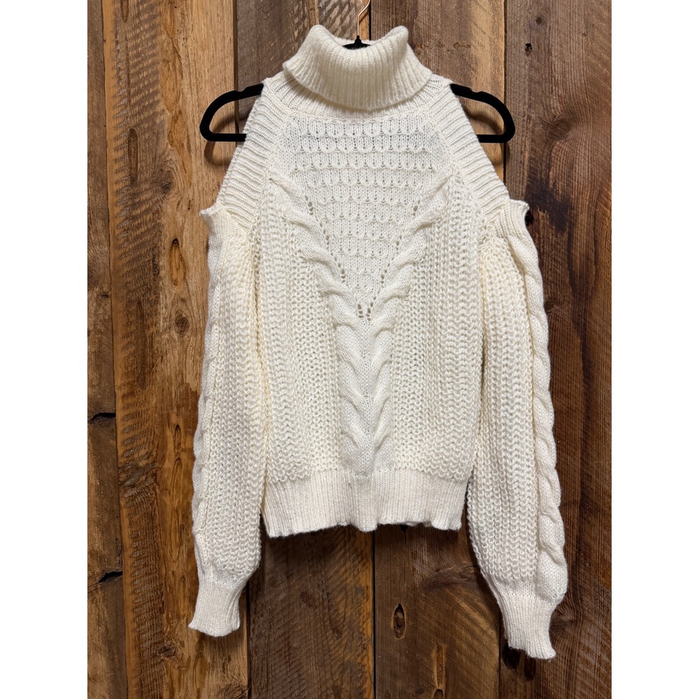 Cold Shoulder Cable Knit Sweater Women L White Chunky Cottage Coquette Soft